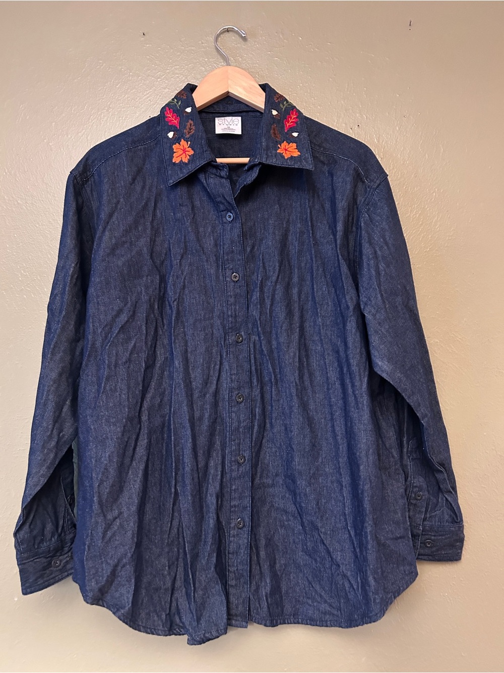 Grannycore Cottagecore Fall Leaves Embroidered Collar Dark Blue Denim Shirt